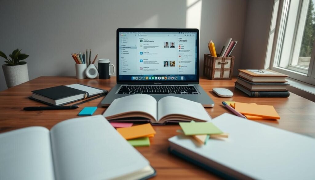 A well-organized workspace featuring an aesthetically pleasing Apple Notes interface on a sleek MacBook, situated on a minimalist wooden desk. In the foreground, open notebooks and colorful sticky notes are energetically scattered, showcasing various note-taking styles. The middle ground highlights a vibrant digital display of the Apple Notes app, illustrating neatly arranged folders and checklists, exuding a sense of order and efficiency. In the background, soft natural light streams in through a window, casting gentle shadows and creating a calm, focused atmosphere. The overall mood is inspiring and productive, encouraging better organization and creativity. The angle captures a slight bird’s-eye view, providing a comprehensive glimpse into the organizational setup, embodying clarity and innovation. A well-organized workspace featuring an aesthetically pleasing Apple Notes interface on a sleek MacBook, situated on a minimalist wooden desk. In the foreground, open notebooks and colorful sticky notes are energetically scattered, showcasing various note-taking styles. The middle ground highlights a vibrant digital display of the Apple Notes app, illustrating neatly arranged folders and checklists, exuding a sense of order and efficiency. In the background, soft natural light streams in through a window, casting gentle shadows and creating a calm, focused atmosphere. The overall mood is inspiring and productive, encouraging better organization and creativity. The angle captures a slight bird’s-eye view, providing a comprehensive glimpse into the organizational setup, embodying clarity and innovation.