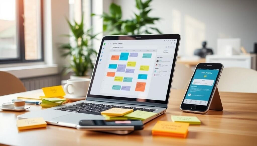 A well-organized workspace showcasing best practices for content planning on Threads. In the foreground, a sleek laptop displaying a threaded content calendar, surrounded by colorful sticky notes with ideas written on them. In the middle ground, a neatly arranged desk with a coffee cup, a smartphone with the Threads app open, and a potted plant for a touch of greenery. The background features a bright office setting with natural light streaming in through a large window, creating an inviting atmosphere. Use a soft focus for a professional look that emphasizes the workspace. The mood should be productive and inspiring, encouraging efficient content planning. Utilize a warm color palette with gentle contrasts to enhance visual appeal. A well-organized workspace showcasing best practices for content planning on Threads. In the foreground, a sleek laptop displaying a threaded content calendar, surrounded by colorful sticky notes with ideas written on them. In the middle ground, a neatly arranged desk with a coffee cup, a smartphone with the Threads app open, and a potted plant for a touch of greenery. The background features a bright office setting with natural light streaming in through a large window, creating an inviting atmosphere. Use a soft focus for a professional look that emphasizes the workspace. The mood should be productive and inspiring, encouraging efficient content planning. Utilize a warm color palette with gentle contrasts to enhance visual appeal.