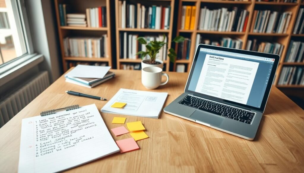 A well-organized workspace showcasing essential elements for crafting effective instructions. In the foreground, a clean wooden desk featuring a notepad with neatly written bullet points, colorful sticky notes, and a digital tablet displaying a clear task outline. In the middle, a laptop with an open document editor showing structured instruction drafts. A coffee cup and a potted plant add a touch of warmth. The background features a bookshelf filled with reference materials and instructional design books. Soft, natural lighting filters in from a window, creating an inviting and focused atmosphere. The overall mood is professional and inspiring, emphasizing clarity, organization, and creativity in instructional writing. The angle is slightly overhead, providing a comprehensive view of the workspace without any text or distractions.