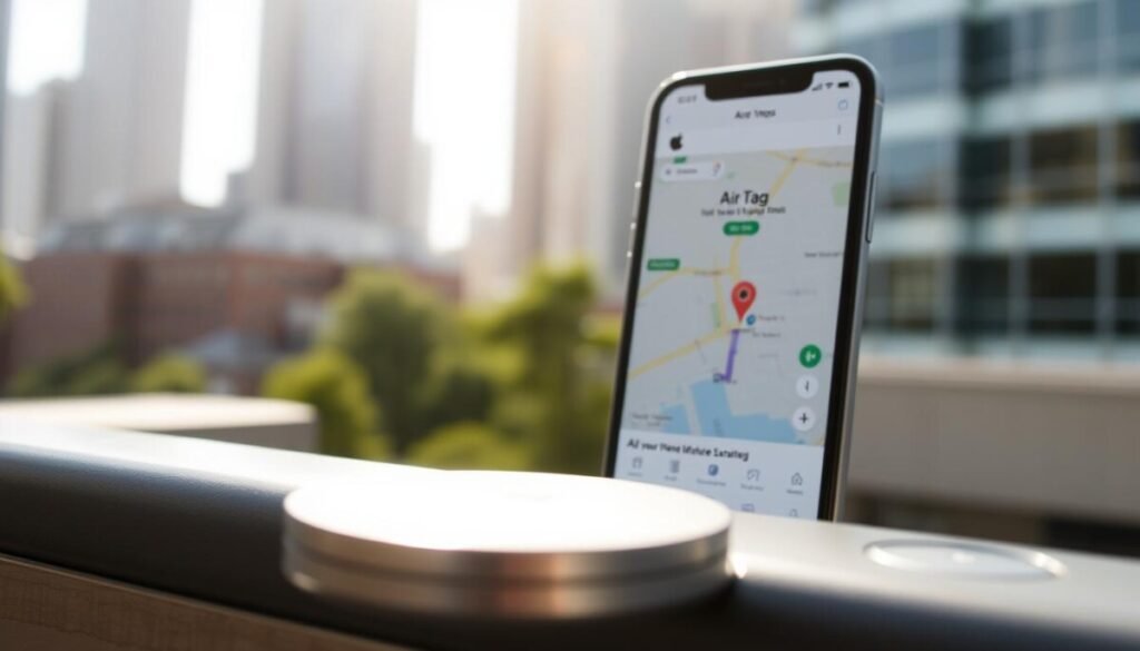 An AirTag positioned prominently in the foreground, its sleek, circular design reflecting soft natural light to highlight its smooth finish. In the middle ground, a smartphone screen displays an interactive Apple Maps interface, showing real-time location updates for the AirTag. The background features a blurred cityscape with tall buildings and greenery, symbolizing urban navigation. The scene is captured with a shallow depth of field to create a sense of focus on the AirTag and smartphone, while the overall atmosphere is one of clarity and tech-savvy efficiency. The lighting is bright yet soft, enhancing the modern and professional mood of the image, perfectly aligning with advanced troubleshooting themes.