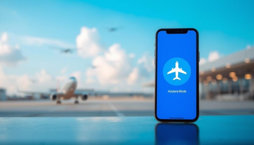 An artistic depiction of a smartphone with the "Airplane Mode" feature activated, set against a serene airport backdrop. In the foreground, the phone displays the airplane icon prominently on its screen, symbolizing the feature. The middle ground features an airport scene with blurred, soft-focus planes taking off and landing, capturing the essence of travel. In the background, a clear blue sky accented by fluffy white clouds creates a calm atmosphere, suggesting coolness and tranquility. The lighting is soft, with warm tones illuminating the phone, highlighting its sleek design. The scene conveys a sense of peace and control, embodying the idea of managing device temperature effectively in a travel context. An artistic depiction of a smartphone with the "Airplane Mode" feature activated, set against a serene airport backdrop. In the foreground, the phone displays the airplane icon prominently on its screen, symbolizing the feature. The middle ground features an airport scene with blurred, soft-focus planes taking off and landing, capturing the essence of travel. In the background, a clear blue sky accented by fluffy white clouds creates a calm atmosphere, suggesting coolness and tranquility. The lighting is soft, with warm tones illuminating the phone, highlighting its sleek design. The scene conveys a sense of peace and control, embodying the idea of managing device temperature effectively in a travel context.