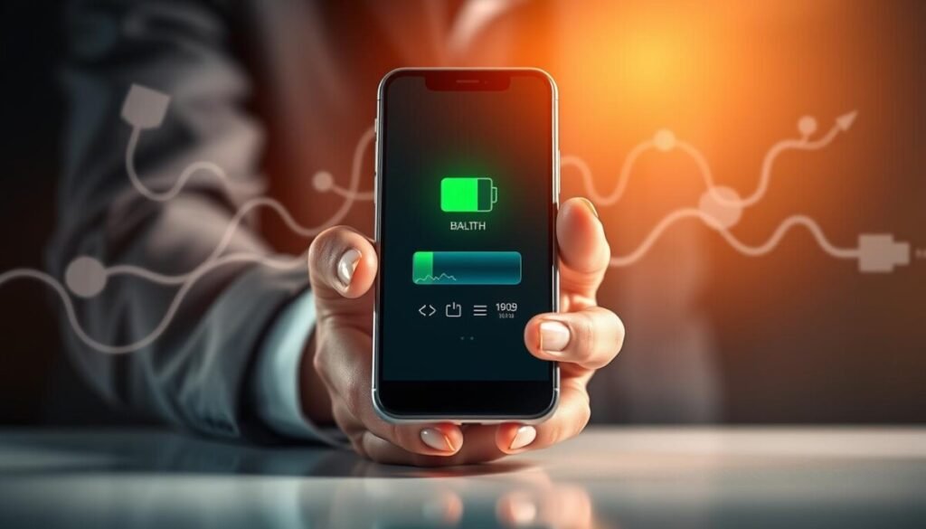 An artistic representation of battery health management, foreground featuring a sleek, modern smartphone displaying a vivid battery health indicator, glowing green to symbolize optimal performance. In the middle, a pair of hands gently holding the device, wearing a professional business attire, showcasing careful usage. The background includes an abstract representation of charging symbols, like a power plug and lightning bolts, subtly integrated into a bright gradient, evoking a sense of energy and vitality. Soft, focused lighting highlights the smartphone while casting a warm ambiance, enhancing the feeling of innovation and modernity. The overall mood is optimistic and informative, aimed at promoting awareness of proper charging habits and battery maintenance.