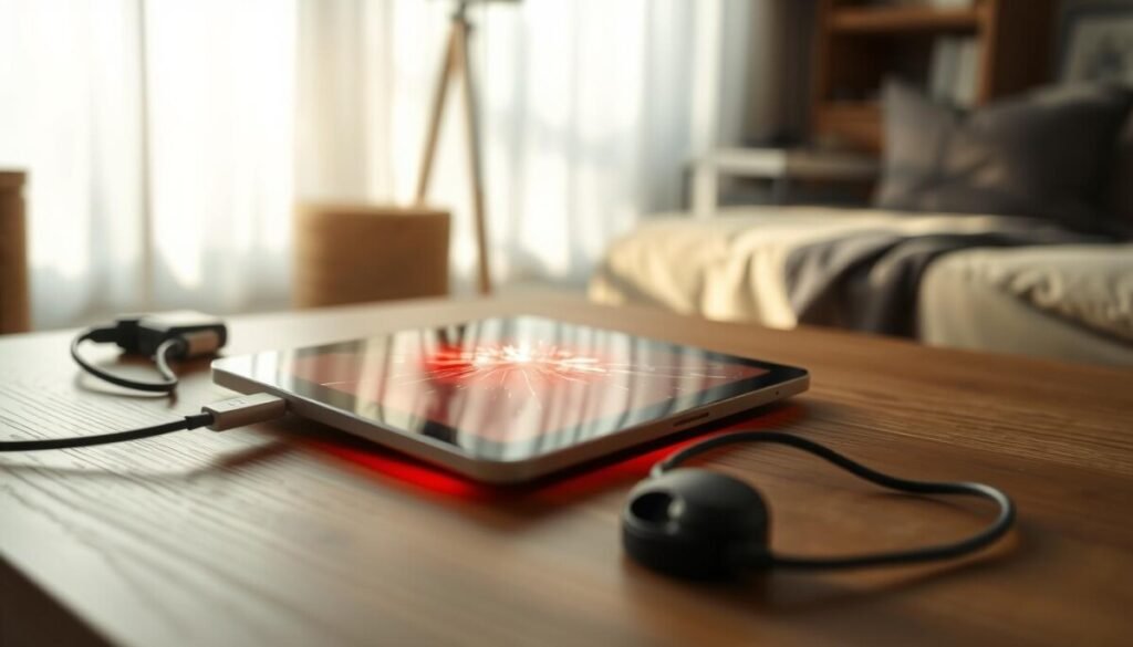 An iPad resting on a sleek wooden table, visibly overheating with heat distortion effects and a glowing red hue emanating from its surface. The device is slightly angled to showcase a cracked screen, surrounded by a few scattered accessories like a charging cable and headphones. In the background, a cozy room is softly lit with natural sunlight filtering through sheer curtains, casting gentle shadows. The atmosphere conveys concern and urgency, with a faint haze suggesting warmth in the air. Capture this scene from a slightly elevated angle, emphasizing the device as the focal point, with focused lighting highlighting the overheating issue while allowing the background to remain subtly blurred to maintain clarity on the iPad. An iPad resting on a sleek wooden table, visibly overheating with heat distortion effects and a glowing red hue emanating from its surface. The device is slightly angled to showcase a cracked screen, surrounded by a few scattered accessories like a charging cable and headphones. In the background, a cozy room is softly lit with natural sunlight filtering through sheer curtains, casting gentle shadows. The atmosphere conveys concern and urgency, with a faint haze suggesting warmth in the air. Capture this scene from a slightly elevated angle, emphasizing the device as the focal point, with focused lighting highlighting the overheating issue while allowing the background to remain subtly blurred to maintain clarity on the iPad.