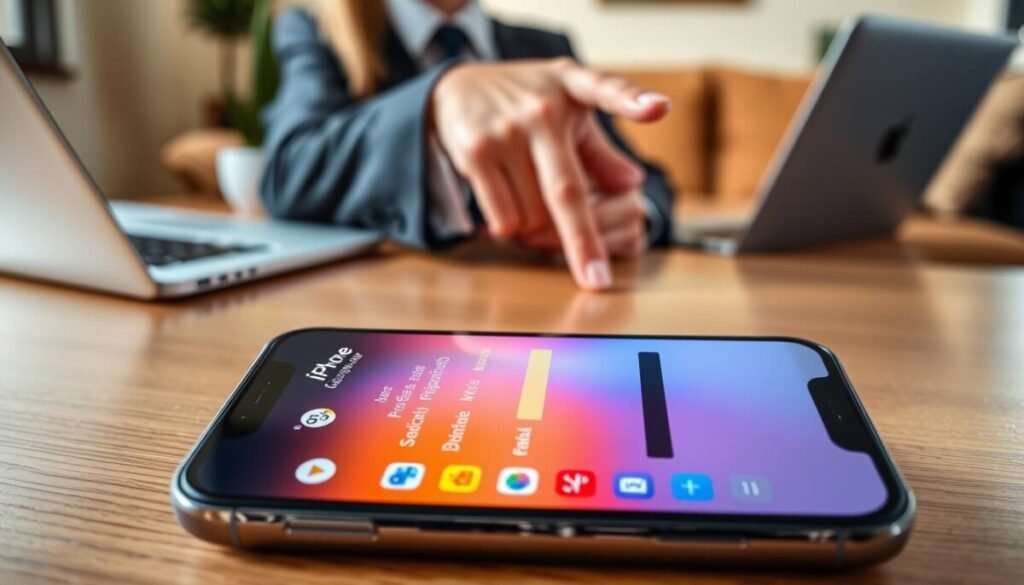 An iPhone screen displaying a detailed battery usage report, showcasing various app icons like social media, gaming, and productivity, with vibrant colors. In the foreground, the iPhone is centered on a modern wooden table, reflecting natural light. The middle layer features a hand holding the iPhone, elegantly dressed in professional attire, pointing towards the screen. The background is softly blurred, showing a cozy, well-lit room with subtle elements like a potted plant and a laptop, creating a warm, informative atmosphere. The overall mood is focused and tech-savvy, emphasizing the user's engagement with the device and its battery consumption data, ideal for illustrating app activity on an iPhone.