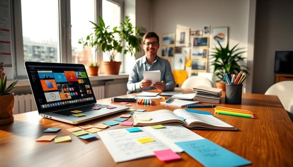 An inviting workspace scene showcasing the creation of "Bluesky starter packs". In the foreground, a sleek wooden desk is adorned with a laptop displaying a vibrant user interface, colorful sticky notes, and an open notebook filled with ideas. In the middle ground, a friendly individual in professional attire is engaged in brainstorming, surrounded by neatly organized tools like colored markers, index cards, and reference images of successful starter packs. The background features a bright, airy room with large windows letting in natural light, casting soft shadows. A potted plant adds a touch of greenery, enhancing the creative atmosphere. The overall mood is productive and inspiring, inviting viewers to envision their own creative processes.