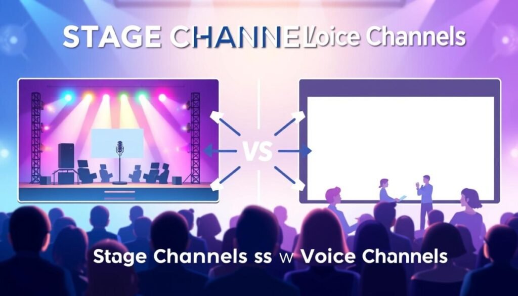 Create an informative and visually engaging comparison graphic illustrating "Stage Channels vs. Voice Channels". In the foreground, depict two distinct panels: on the left, a vibrant stage channel scene with a digital stage adorned with colorful lights, a virtual microphone, and avatars of users attentively listening; on the right, a simpler voice channel setup featuring a few avatars engaged in casual conversation with a clean, minimalist background. In the middle ground, visually emphasize differences by incorporating graphical elements like arrows or icons to connect the two sides, showcasing user engagement and interaction styles. In the background, use soft gradients of blue and purple to evoke a tech-savvy atmosphere, with subtle hints of Discord’s branding. The lighting should be dynamic, casting warm highlights on the avatars to create an inviting mood.