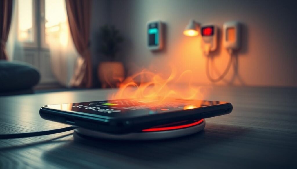 In a close-up perspective, depict a smartphone lying on a charging pad, emitting subtle heat waves, visible as a hazy shimmer above the device. The foreground highlights the phone's sleek design with intricate patterns on the screen, showcasing battery percentage data. In the middle background, show a partially open room with a soft, warm glow illuminating the scene, simulating early morning light filtering through window curtains. Include a wall-mounted charging station with a digital thermometer indicating rising temperatures, emphasizing the concept of heat on battery health. The overall atmosphere evokes a sense of concern blended with modern technology, using a shallow depth of field to keep focus on the phone, while the surroundings convey warmth and caution without distraction.