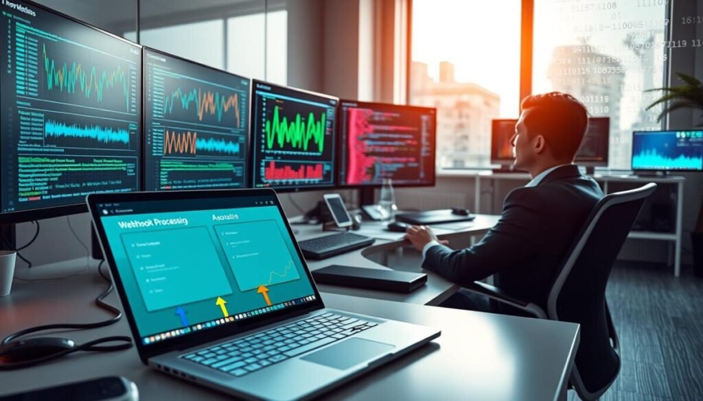 In a digital workspace, a professional in business attire is seated at a sleek desk, analyzing data streams on multiple screens that showcase graphs and code snippets representing webhook performance metrics. In the foreground, a laptop displays an asynchronous processing diagram, with arrows illustrating data flow and throughput management. The middle ground features a large window with soft, natural light filtering in, highlighting the vibrant colors of a high-tech workspace filled with gadgets. In the background, digital elements like binary code and API connections are subtly integrated, creating a tech-inspired atmosphere. Use a wide-angle lens to capture the entire scene, ensuring clarity and an organized feel, while maintaining a focused and professional mood throughout.