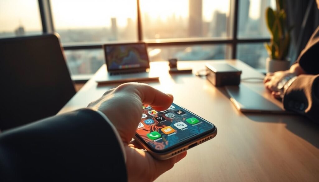 In a modern office setting, showcase a close-up view of a smartphone screen displaying a colorful, intricate user interface filled with app icons and a battery indicator showing low power. In the foreground, include a pair of hands in professional business attire navigating the screen, with long shadows cast by soft, warm lighting that suggests late afternoon. In the middle ground, place a sleek desk with a few tech gadgets, like a tablet and a charging dock, enhancing the tech-savvy atmosphere. In the background, subtly blur a city skyline visible through a large window, emphasizing an urban work environment. The mood should reflect focus and productivity, highlighting the importance of managing power-intensive apps to prevent smartphone overheating. In a modern office setting, showcase a close-up view of a smartphone screen displaying a colorful, intricate user interface filled with app icons and a battery indicator showing low power. In the foreground, include a pair of hands in professional business attire navigating the screen, with long shadows cast by soft, warm lighting that suggests late afternoon. In the middle ground, place a sleek desk with a few tech gadgets, like a tablet and a charging dock, enhancing the tech-savvy atmosphere. In the background, subtly blur a city skyline visible through a large window, emphasizing an urban work environment. The mood should reflect focus and productivity, highlighting the importance of managing power-intensive apps to prevent smartphone overheating.