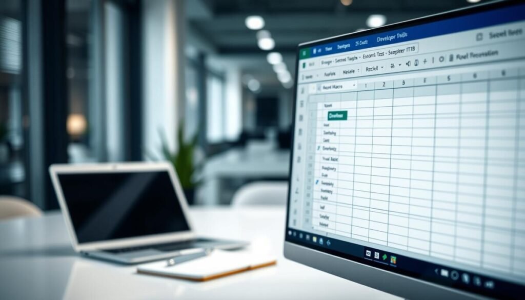 a close-up view of Microsoft Excel's Developer Tab interface prominently displayed on a computer screen, with a blurred background of a modern office environment. The foreground features details of the Excel window, showcasing the "Developer" tab highlighted, buttons like "Record Macro" and "Visual Basic" visible. Soft, diffused lighting creates a professional atmosphere, enhancing the clarity of the screen elements. The middle layer includes a sleek laptop on a minimalist desk, surrounded by essential office supplies like a notepad and a coffee cup, projecting a sense of productivity. The overall mood is focused and inviting, encouraging a sense of learning and exploration in automation tools. No people or distracting elements appear in the image.